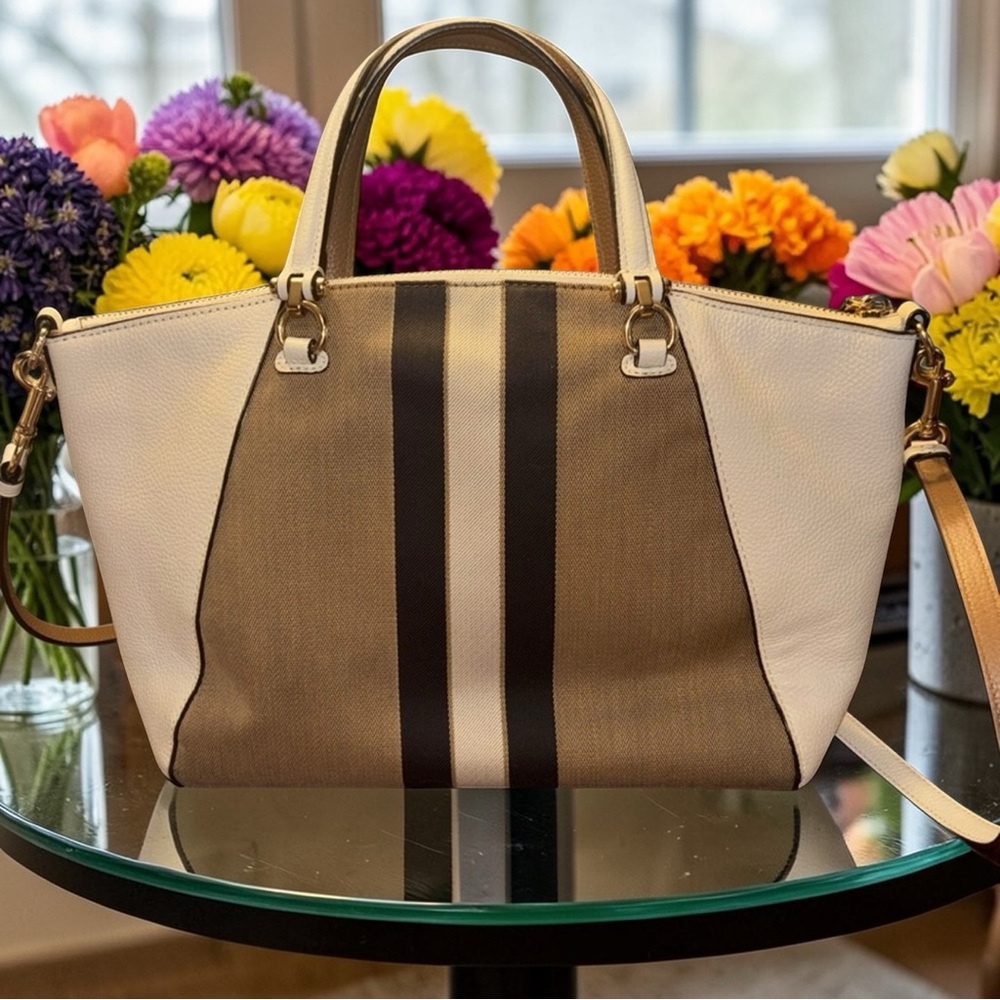 Coach Striped Canvas Satchel in Brown, Tan & White - Picture 2 of 10